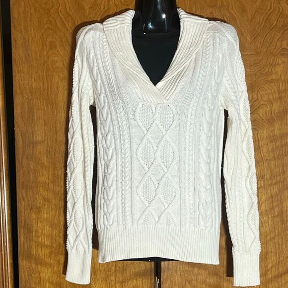 Eddie Bauer Women’s Cream Cable Knit  Shawl Neck 90’s Style Wool Blend - Picture 1 of 8
